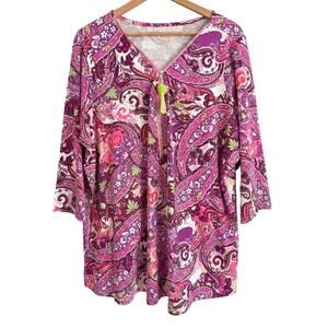Belle by Kim Gravel Womens 1X Boho‎ Artsy Colorful Pink Paisley V-Neck Tunic Top
